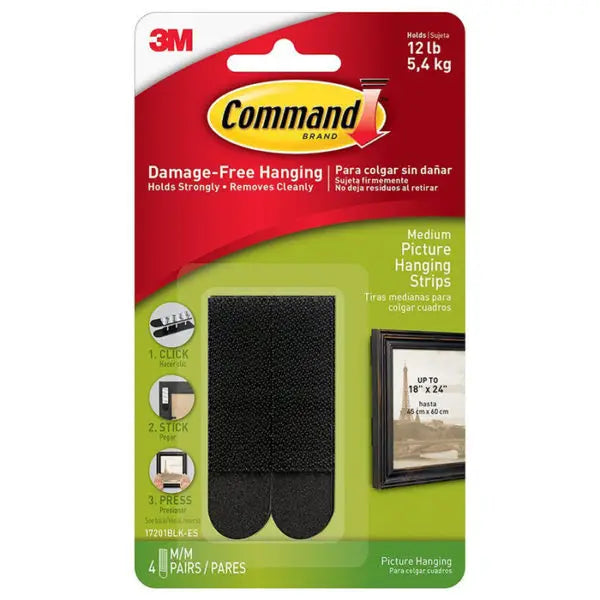 Medium 3M 17201BLK-ES Black Command Picture Hanging Strips, 4-Pack