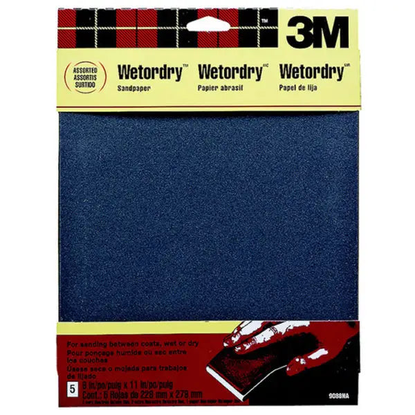 9 x 11 3M 9088 Wetordry Sandpaper, Assorted Grits, 5-Pack