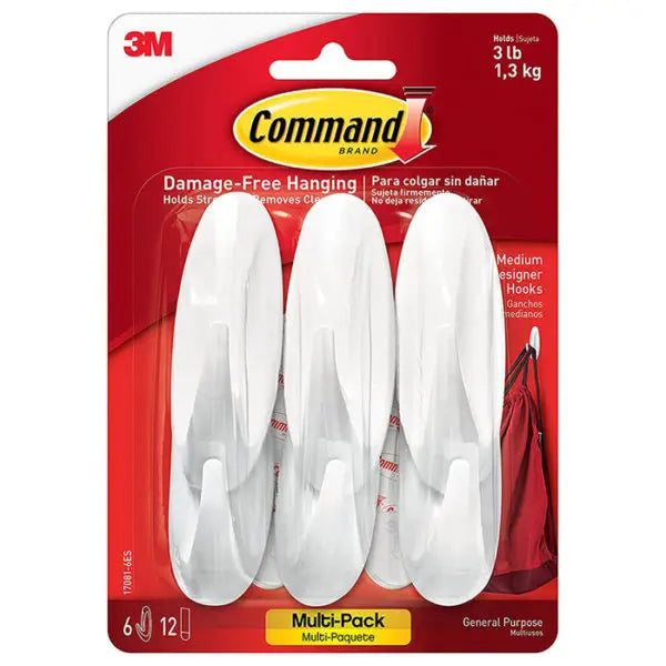 Medium 3M 17081VP-6ES White Command Bath Designer Hooks, Value Pack