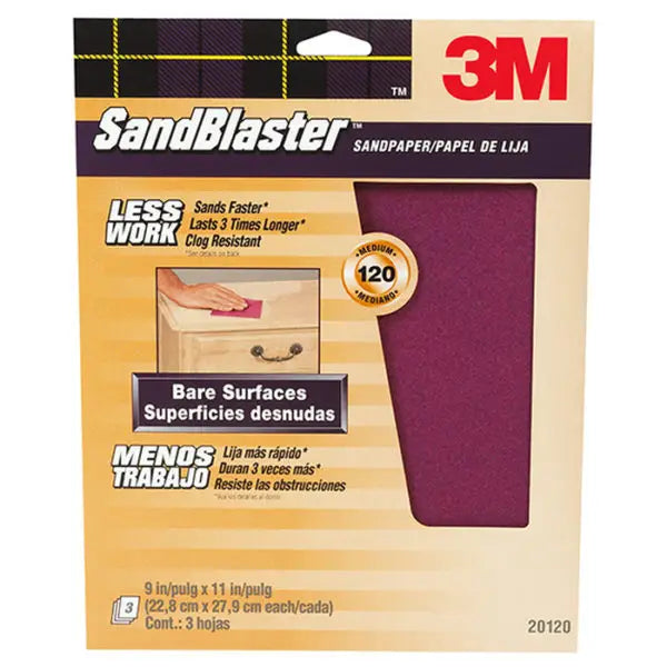 9 x 11 3M 20120-G SandBlaster No-Slip Grip Sanding Sheet, 120-Grit Medium,3-Pack